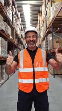 Successful middle aged logistic manager wearing a hard hat and safety vest, looking at the camera and smiling in a large warehouse