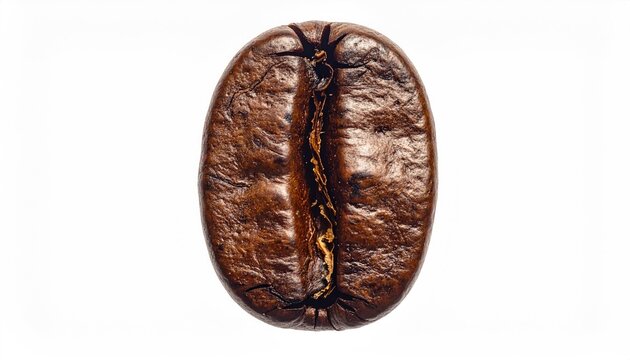 Macro view of a single, dark roasted coffee bean with rich texture and crack