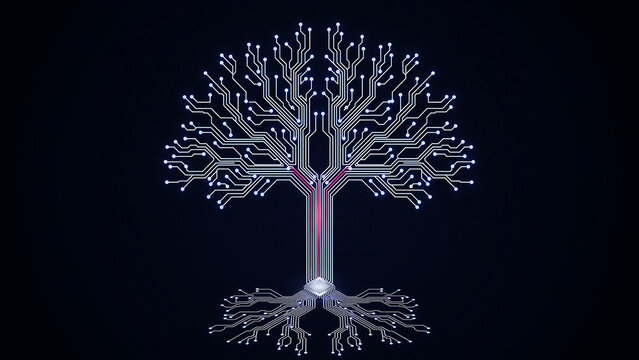 Digital circuit board tree graphic showing technology concept with lines and nodes on black
