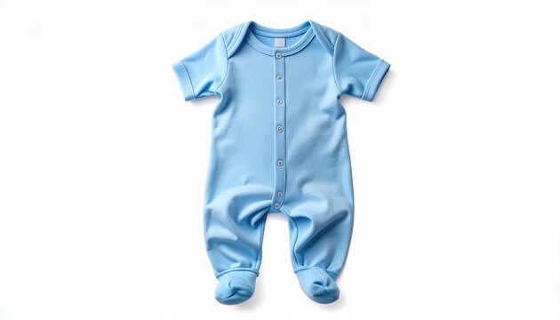 A soft, light blue baby romper with footies and snap closures