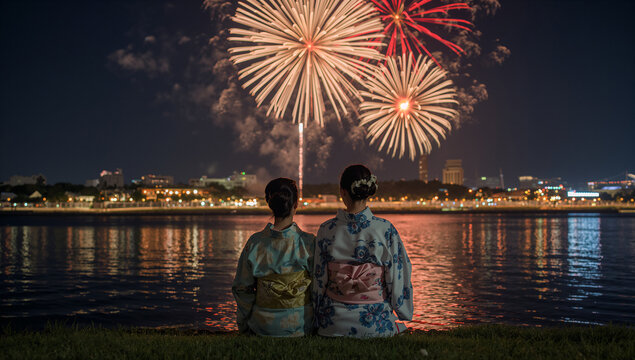 川辺に座り夜空を焦がす大輪の花火を見上げる白と藍の浴衣を着た二人の後ろ姿