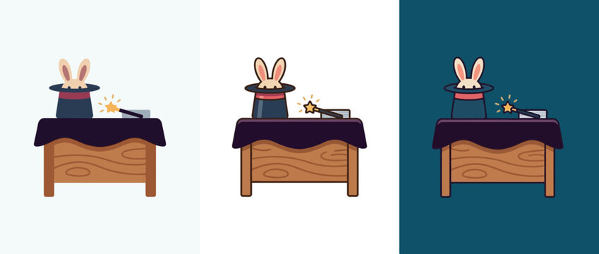 Magic show illustration set with rabbit in top hat and wand