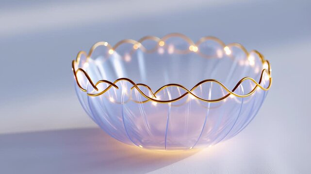 Elegant translucent glass bowl with golden trim on soft purple background