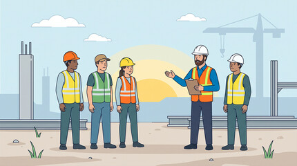 Fototapeta premium A construction supervisor in a hard hat and safety vest speaks to a team of four workers at a building site with a crane and sunset.