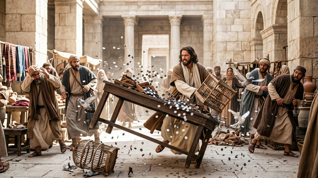 Jesus righteously overturning the tables of the money changers and merchants in the Jerusalem temple courtyard