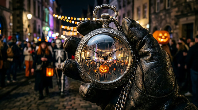 A closeup of a gloved hand holding an ornate vintage pocket watch, reflecting a festive halloween street scene with people in costumes and glowing jackolanterns