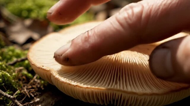 Close-up view of a finger touching the delicate gills on the underside of a mushroom cap in a forest setting