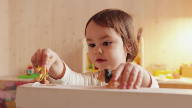 Smiling 3 year old girl enjoying imaginative play with tiny toys in a warm home interior