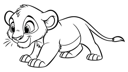 Playful young lion cub walking coloring page for children featuring dynamic pose and friendly expression for early childhood development and artistic creative coloring fun.