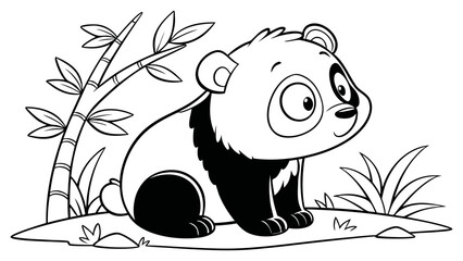 Little panda bear sitting near bamboo plants in forest background vector illustration for children coloring page educational activity or creative graphic design element. © Riazhasan444