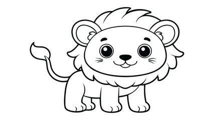 Little lion cub coloring page for kids showing cute standing jungle animal with fluffy mane and big eyes simple black and white vector outline illustration for creative. © Riazhasan444