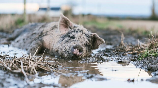 Contented pig relaxing deeply in a muddy puddle, finding comfort and coolness in its natural rural environment