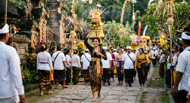 Traditional Balinese ceremony procession with people in cultural dress