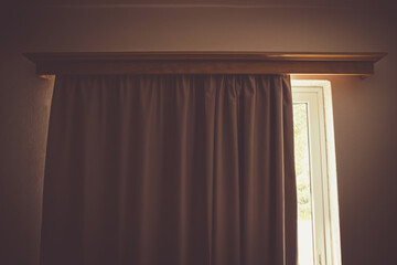 Light and heat blocking blackout curtains and curtain box in home bedroom. Minimal home decor. © FotoHelin