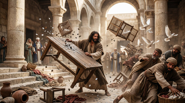 Jesus righteously overturning the tables of the money changers and merchants in the Jerusalem temple courtyard
