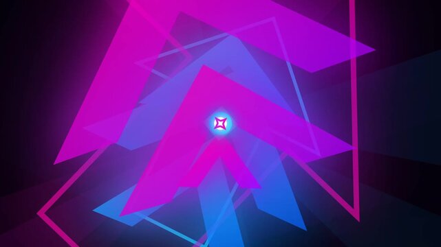 Abstract geometric neon tunnel background with flying pink and blue arrows.