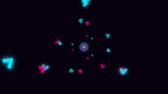 Abstract motion graphic of glowing cyan and pink neon arrows flying outward from a central radar target.