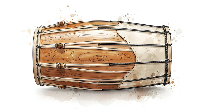 Artistic watercolor illustration of a traditional wooden percussion drum with paint splashes