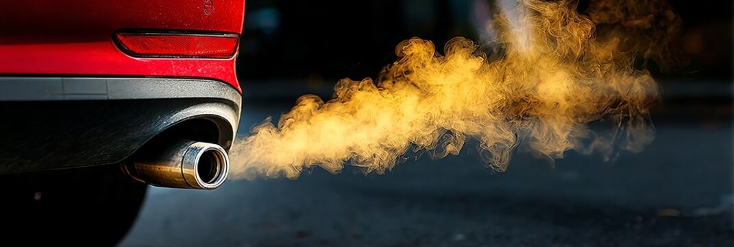Close Up View of Exhaust Pipe Emitting Thick Yellowish Brown Smog from Road Vehicles in Traffic