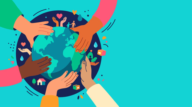 World Humanitarian Day Vector Illustration Multiethnic Hands Protecting Planet Earth with Aid Icons