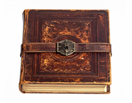 Antique leather-bound journal with ornate metal clasp and buckle, aged