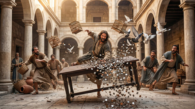 Jesus righteously overturning the tables of the money changers and merchants in the Jerusalem temple courtyard