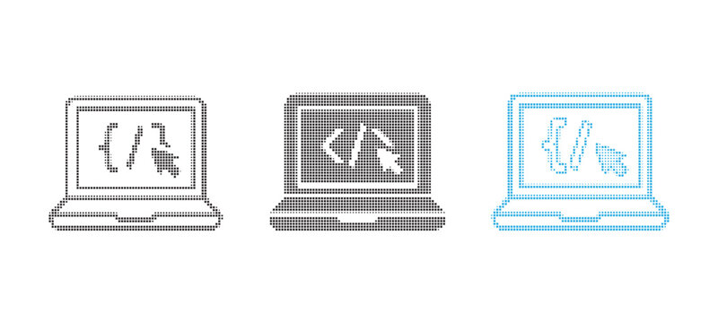 Software programming laptop icons, web development coding symbols on computer screen, minimalist technology vector set for UI design