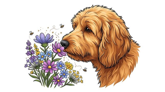Golden doodle dog sniffing colorful wildflowers with buzzing bees