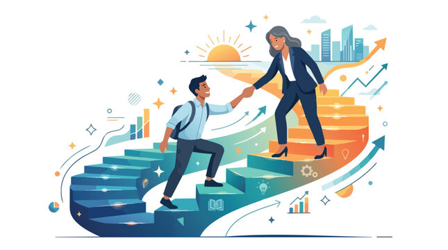 Business mentor helping a young student climb the stairs to professional success.