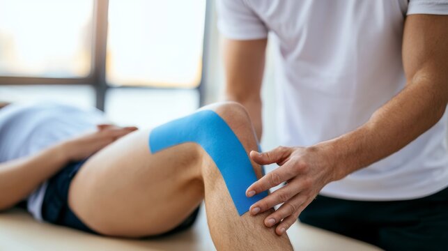 Professional physiotherapist providing manual therapy to an athlete's knee, applying blue kinesiology tape during rehabilitation