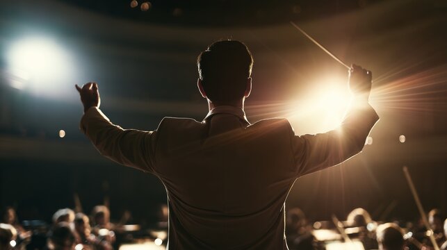 Concert conductor directing an orchestra from behind, holding a baton, bathed in dramatic stage lighting during a musical performance