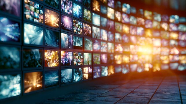Screens displaying various video content, forming a curved multimedia wall for broadcast, technology and entertainment