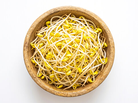 Fresh mung bean sprouts in a rustic wooden bowl isolated on white background, showcasing vibrant yellow and white colors for a healthy and nutritious culinary ingredient