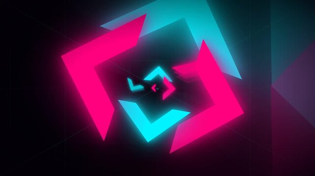 Abstract neon tunnel of glowing pink and cyan geometric shapes flying forward on a black background.