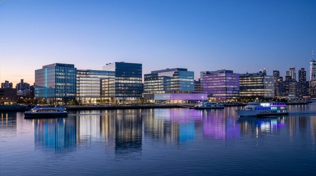Modern city skyline at night with office building lights reflecting in water buildings reflection architecture downtown twilight