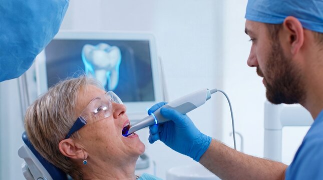 intraoral scanner dental senior woman dentist digital teeth monitor examination Clinician uses a handheld camera while a tooth scan appears on screen for oral healthcare and technology campaigns