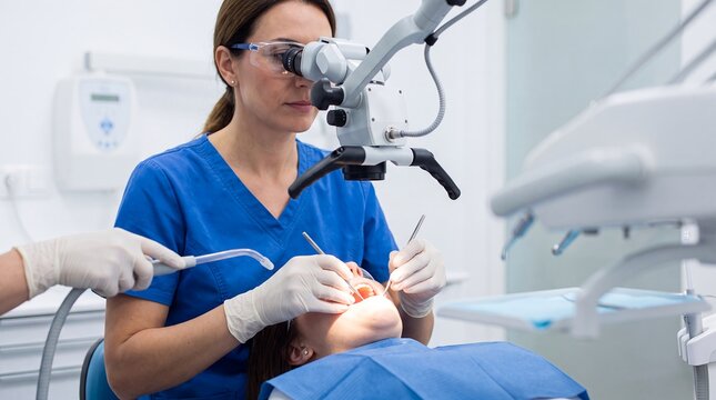 dentist microscope dental treatment endodontics patient clinic precision dentistry procedure Magnified tooth care uses focused equipment for oral healthcare training and clinical service campaigns
