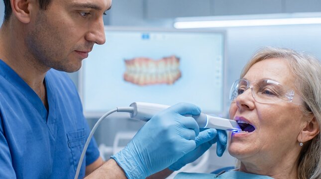 dentist scanner senior woman intraoral dental technology clinic patient digital A professional scans a patient's teeth with a handheld device for precise restoration planning and geriatric oral care