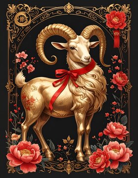 Luxurious Golden Goat Chinese Zodiac Illustration with Red Ribbon Peony Flowers and Ornate Frame