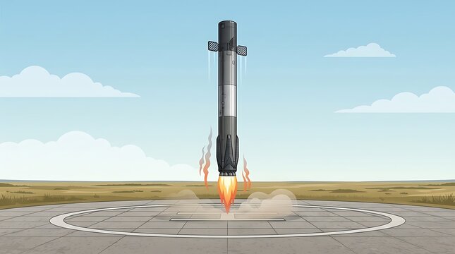 Space rocket booster landing vertically on a platform
