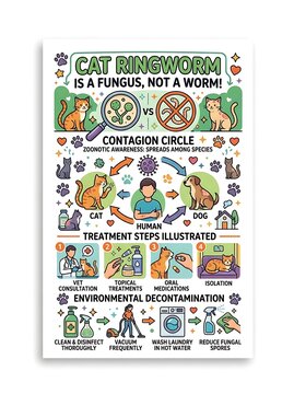 Cat ringworm educational infographic showing treatment and prevention