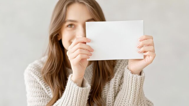 Woman holding blank card in cozy sweater for custom message or branding