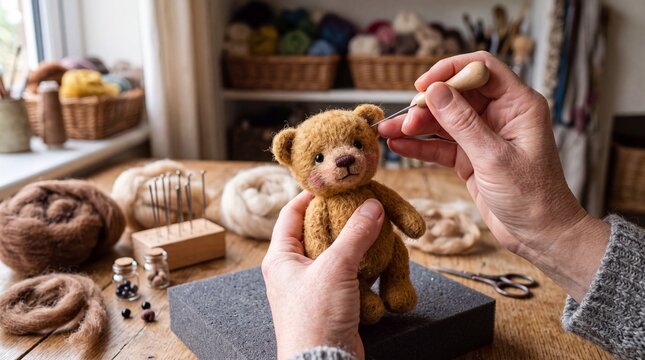the hands of a skilled craftswoman, carefully making a small teddy bear out of natural wool