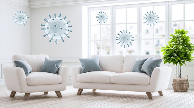 Living room interior showing virus particles floating in air, representing contamination risk and airborne disease spread
