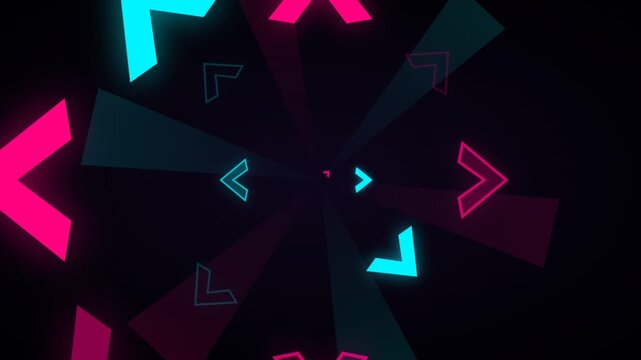 Neon cyan and pink chevron arrows flying forward in dark motion loop