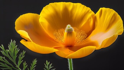 Obraz premium Isolated Vibrant Yellow California Poppy Blossom With Green Foliage And Closed Buds Single Stem