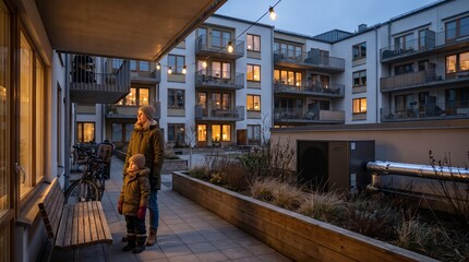 Obraz premium Warm courtyard life beside neighborhood energy infrastructure