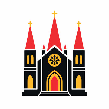 Gothic church building vector icon, black cathedral with red spires and gold crosses, religious architecture illustration for christianity