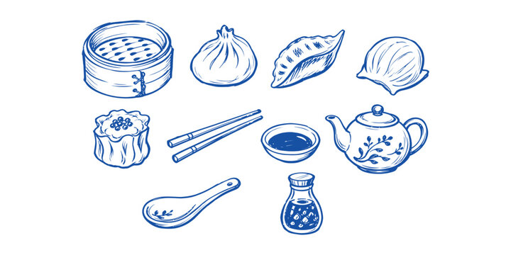 dim sum chinese food element collection hand drawn doodle icon set vector illustration