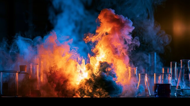 Chemical reaction in a lab, producing striking orange flames and contrasting blue smoke among various glass beakers and flasks